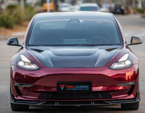 Tesla Model 3 / Performance 2017-2023 with Aftermarket Parts - Double-sided Pre-preg Carbon Fiber Hood Bonnet from TAKD Carbon