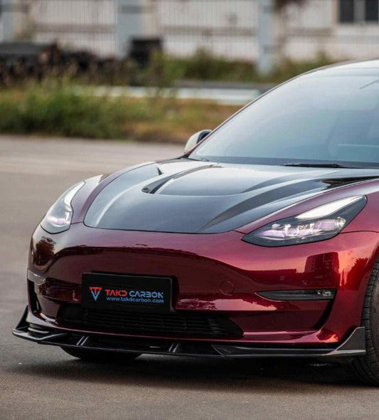 Tesla Model 3 2017 2018 2019 2020 2021 2022 2023 with Aftermarket Parts - Front Lip Pre-preg Carbon Fiber from TAKD Carbon