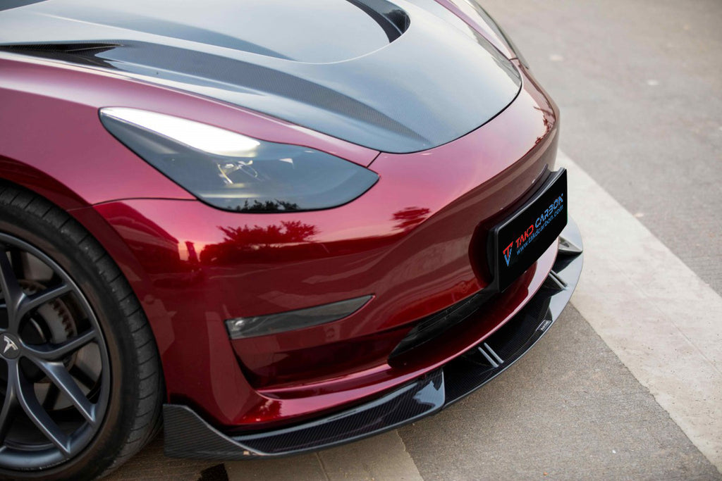 Tesla Model 3 / Performance 2017-2023 with Aftermarket Parts - Pre-preg Carbon Fiber Front Lip from TAKD Carbon