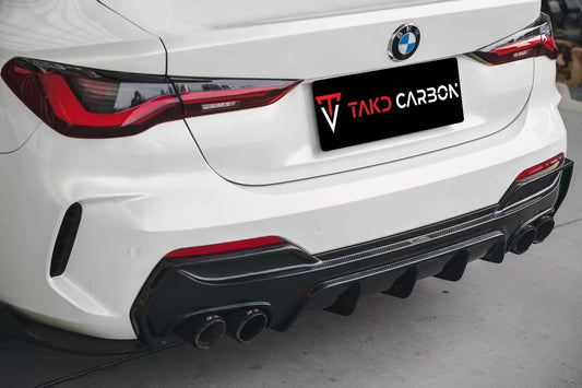 BMW 4 Series 430i (with M-package bumper, does not fit base model) M440i G22 G23 2020-ON with Aftermarket Parts - Rear Diffuser & Canards Pre-preg Carbon Fiber from TAKD Carbon