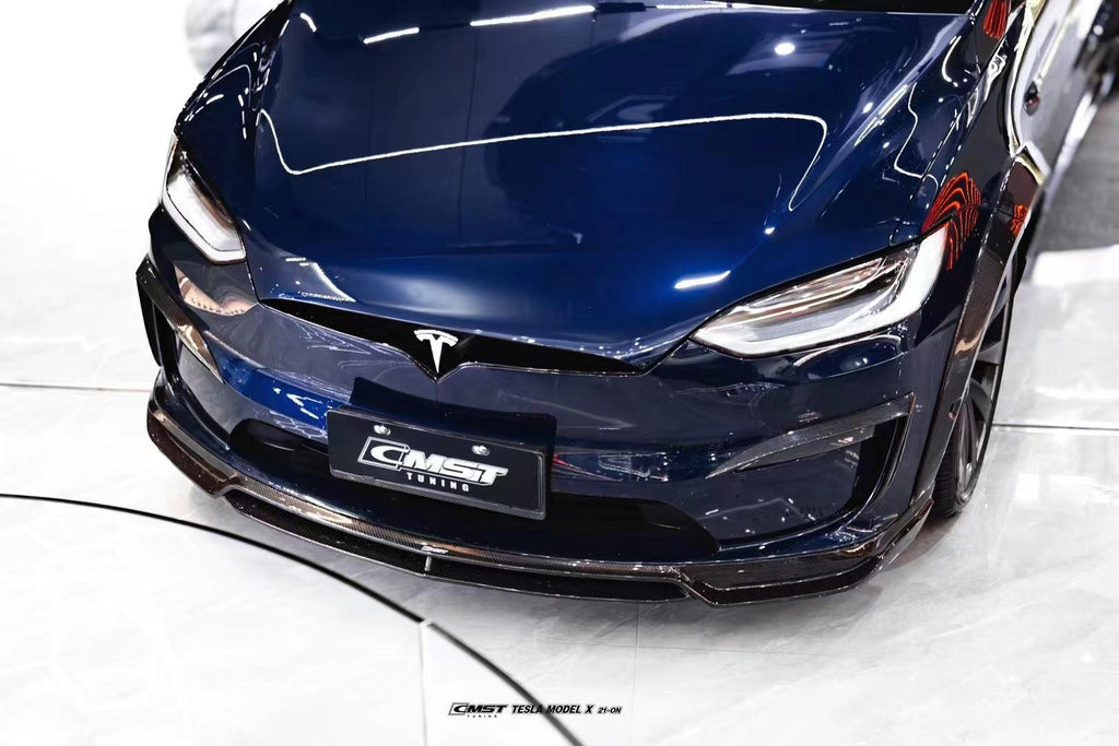 Tesla Model X Plaid Long Range Base 2022-ON with Aftermarket Parts - Front Lip Splitter Carbon Fiber / FRP from CMST Tuning
