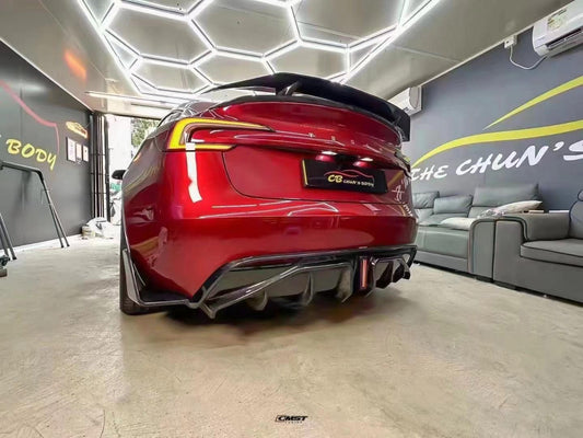 Tesla Model 3 Highland / Performance with 2024-ON Aftermarket Parts - V2 Style Rear Diffuser & Canards Carbon Fiber from CMST Tuning