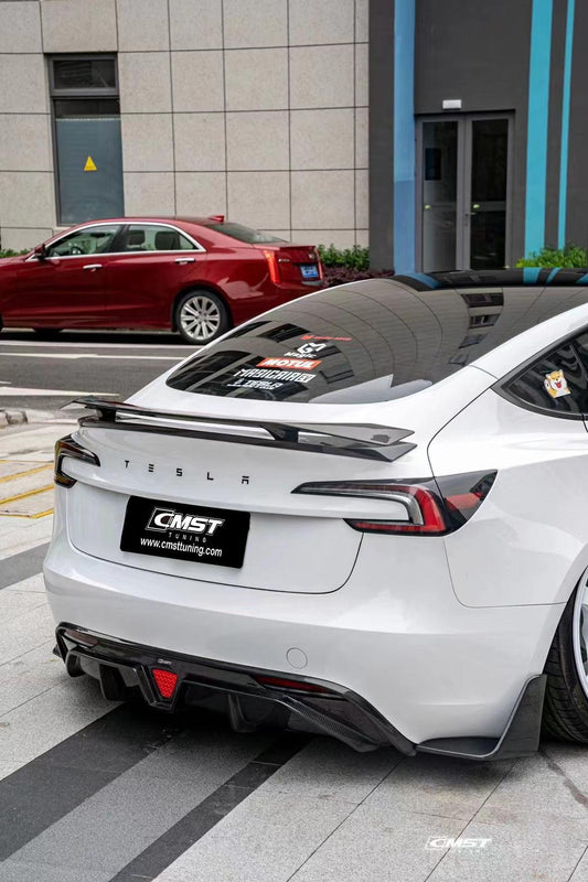 Tesla Model 3 Highland / Performance 2024-ON with Aftermarket Parts - V1 Style Rear Diffuser & Canards Carbon Fiber from CMST Tuning