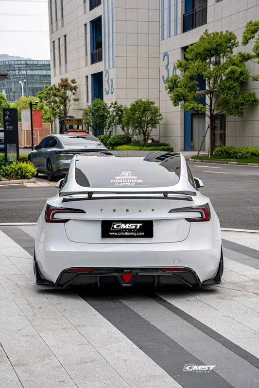 Tesla Model 3 Highland / Performance 2024-ON with Aftermarket Parts - V1 Style Rear Diffuser & Canards Carbon Fiber from CMST Tuning