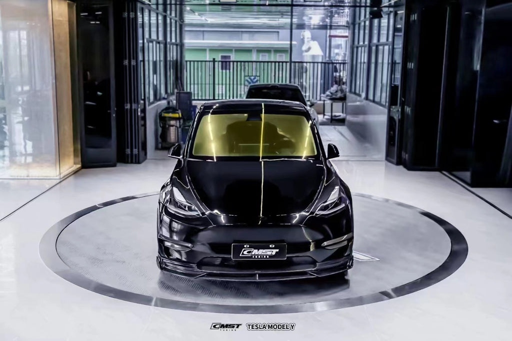 Tesla Model Y Performance AWD Long Range RWD Standard 2020-ON with Aftermarket Parts - V3 Style Front Lip Splitter Carbon Fiber / FRP from CMST Tuning