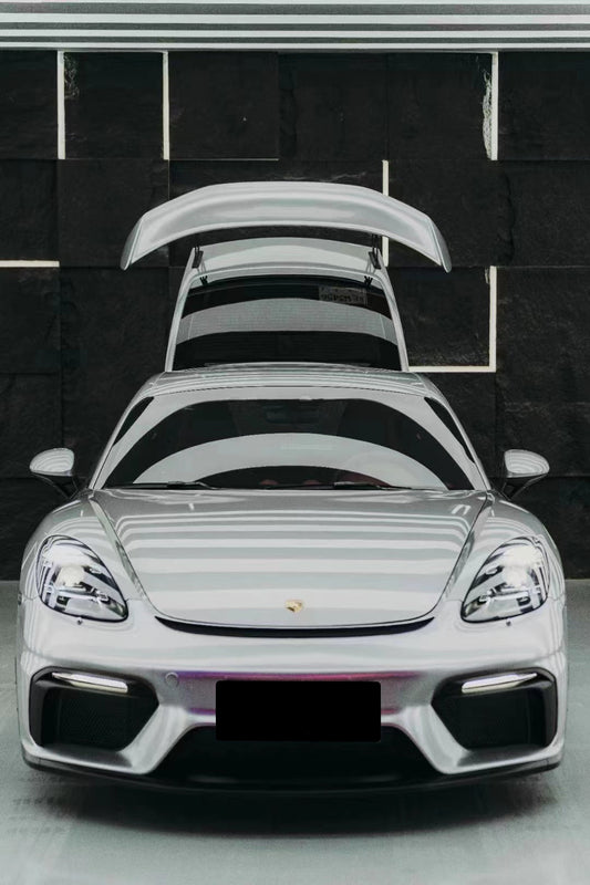 Porsche 718 982 Cayman & Boxster (Base / T / S / GTS / GT4 / Spyder) 2017 2018 2019 2020 2021 2022 2023 2024 2025 with Aftermarket Parts - GT4RS Conversion Style PP Front Bumper & Lip & Valances (with & without GT4 Logo) PP Polypropylene / Dry Pre-preg Carbon Fiber from Dupont Tech
