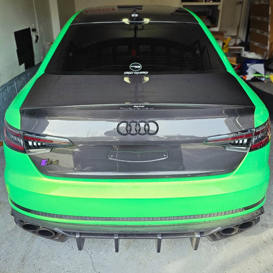 Audi S4 A4 B9 / B9.5  2017 2018 2019 2020 2021 2022 2023 2024 with Aftermarket Parts - Rear Trunk Lid Pre-preg Double-sided Carbon Fiber from Karbel Carbon