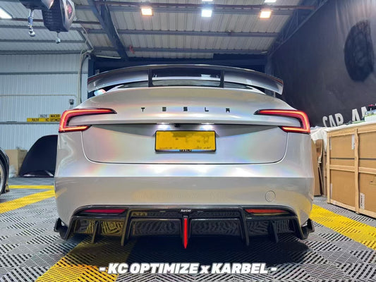 Tesla Model 3 Highland / Performance 2024-ON with Aftermarket Parts - With Light Style Rear Diffuser & Canards Pre-preg Carbon Fiber from Karbel Carbon