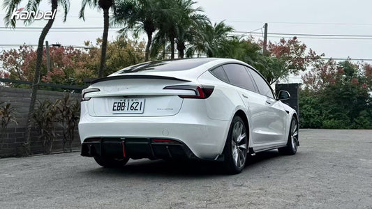 Tesla Model 3 Highland / Performance 2024-ON with Aftermarket Parts - With Light Style Rear Diffuser & Canards Pre-preg Carbon Fiber from Karbel Carbon