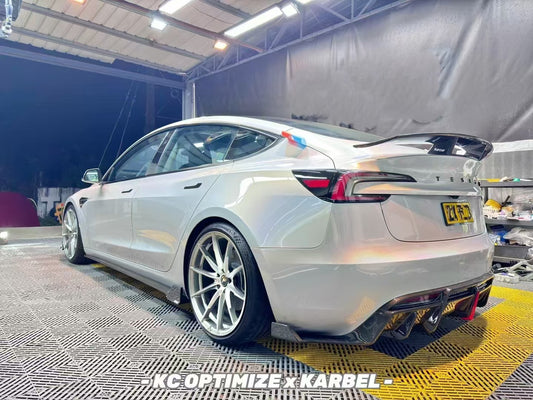 Tesla Model 3 Highland / Performance 2024-ON with Aftermarket Parts - With Light Style Rear Diffuser & Canards Pre-preg Carbon Fiber from Karbel Carbon