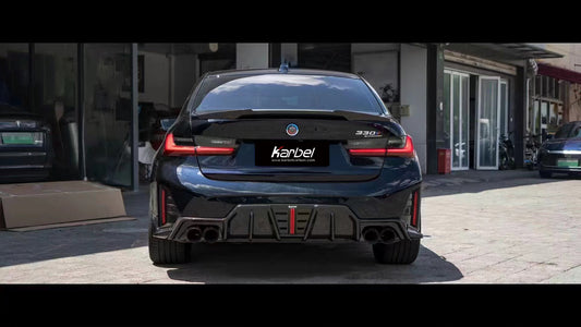 BMW 3 Series 330i (with M-package bumper, does not fit base model) M340i G20 G21 LCI 2023 2024 with Aftermarket Parts - V2 Style Diffuser & Canards Pre-preg Carbon Fiber from Karbel Carbon