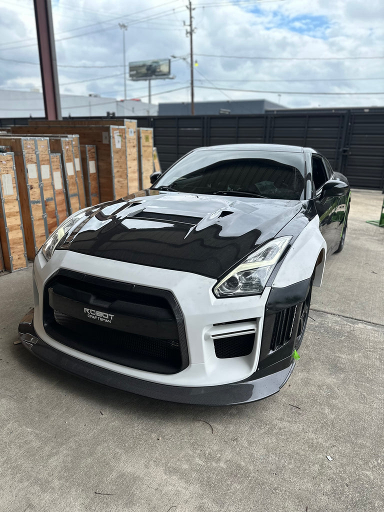 Nissan GTR Nismo Black Edition Track Edition Premium Base CBA DBA 2008 2009 2010 2011 2012 2013 2014 2015 2016 (for installation on 2017 2018 2019 2020 2021 2022 2023 2024 vehicles, 2008 2009 2010 2011 2012 2013 2014 2015 2016 hood is recommended) with Aftermarket Parts - "Godzilla" Widebody Front Bumper & Front Lip Carbon Fiber / FRP from Robot Craftsman