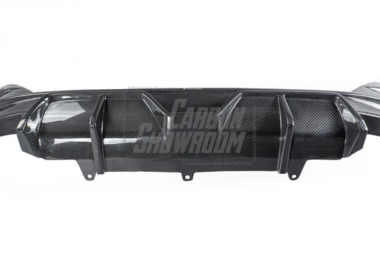 BMW 5 Series 530 540 (with M-package bumper, does not fit base model) G60 G61 2024-ON with Aftermarket Parts - V1 Style Rear Diffuser (Quad Exhaust Tips Included) Pre-preg Carbon Fiber from TAKD Carbon