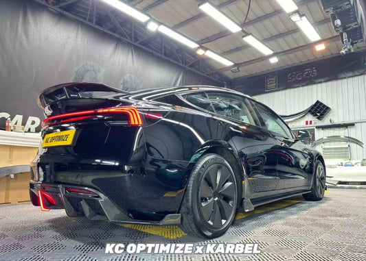 Tesla Model 3 Highland / Performance 2024-ON with Aftermarket Parts - With Light Style Rear Diffuser & Canards Pre-preg Carbon Fiber from Karbel Carbon