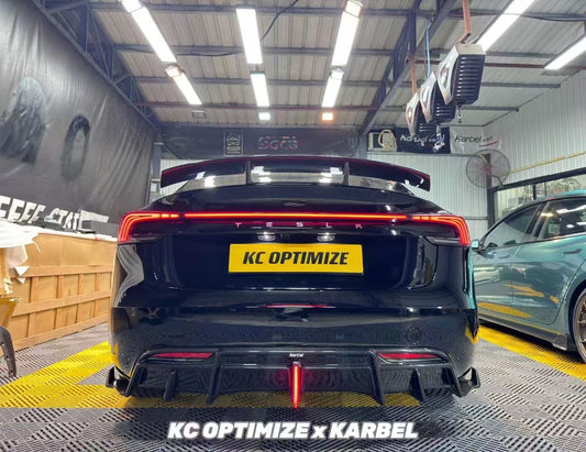 Tesla Model 3 Highland / Performance 2024-ON with Aftermarket Parts - With Light Style Rear Diffuser & Canards Pre-preg Carbon Fiber from Karbel Carbon