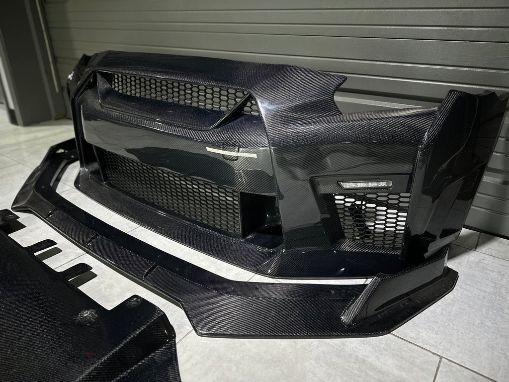 Nissan GTR Nismo Black Edition Track Eidtion Premium Base 2008-2016 (for installation on 2017-2024 vehicles, 2008-2016 hood is recommended) with Aftermarket Parts - Stage 1 Style Front Bumper & Lip (Undertray & DRL included) Carbon Fiber / FRP from CMST Tuning