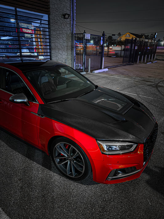 Audi RS5 S5 A5 B9 B9.5 2017-ON with Aftermarket Parts - V2 Tempered Glass Transparent Hood Bonnet Carbon Fiber / FRP from CMST Tuning