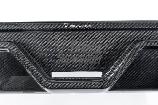 BMW 5 Series 530 540 (with M-package bumper, does not fit base model) G60 G61 2024-ON with Aftermarket Parts - V1 Style Rear Diffuser (Quad Exhaust Tips Included) Pre-preg Carbon Fiber from TAKD Carbon