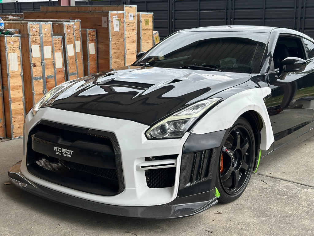 Nissan GTR Nismo Black Edition Track Edition Premium Base CBA DBA 2008 2009 2010 2011 2012 2013 2014 2015 2016 (for installation on 2017 2018 2019 2020 2021 2022 2023 2024 vehicles, 2008 2009 2010 2011 2012 2013 2014 2015 2016 hood is recommended) with Aftermarket Parts - "Godzilla" Widebody Front Bumper & Front Lip Carbon Fiber / FRP from Robot Craftsman