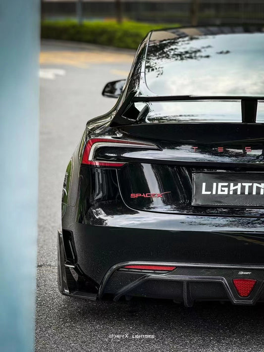 Tesla Model 3 Highland / Performance 2024-ON with Aftermarket Parts - V1 Style Rear Diffuser & Canards Carbon Fiber from CMST Tuning