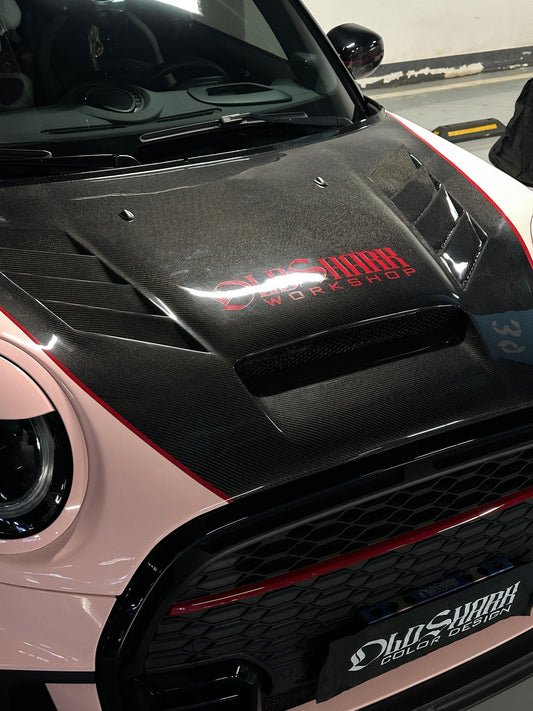 MINI Cooper JCW (John Cooper Works) F56 & Cooper (All Models) LCI 2022 2023 2024 with Aftermarket Parts - AE Style Hood Carbon Fiber from ArmorExtend