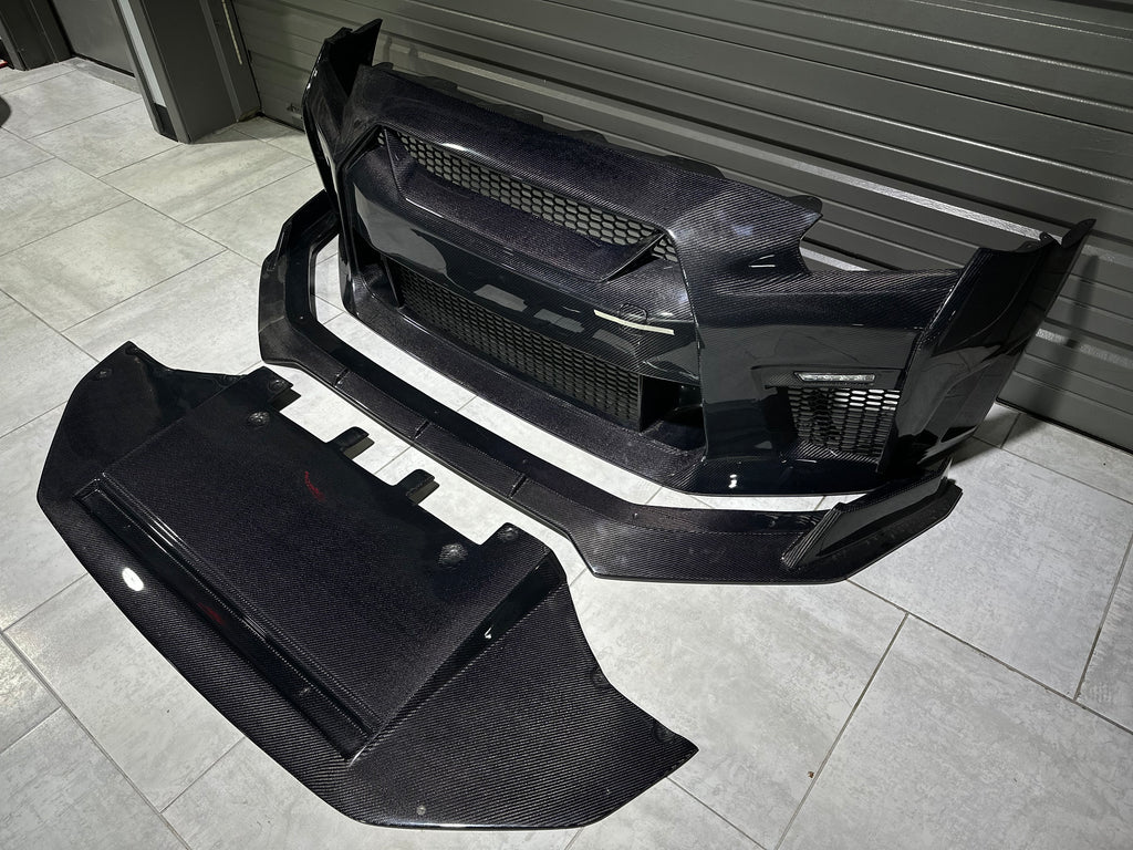 Nissan GTR Nismo Black Edition Track Eidtion Premium Base 2008-2016 (for installation on 2017-2024 vehicles, 2008-2016 hood is recommended) with Aftermarket Parts - Stage 1 Style Front Bumper & Lip (Undertray & DRL included) Carbon Fiber / FRP from CMST Tuning