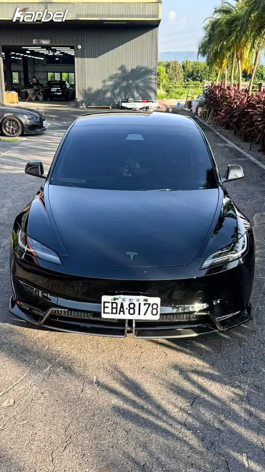 Tesla Model 3 Highland 2024-ON with Aftermarket Parts - Front Lip Pre-preg Carbon Fiber from Karbel Carbon