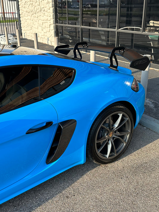 Porsche 981 Cayman (Base / S / GTS) 2012 2013 2014 2015 2016 & 718 982 Cayman (Base / T / S / GTS) 2017-ON with Aftermarket Parts - GT4RS Style Rear Wing Dry Pre-preg Carbon Fiber from Dupont Tech