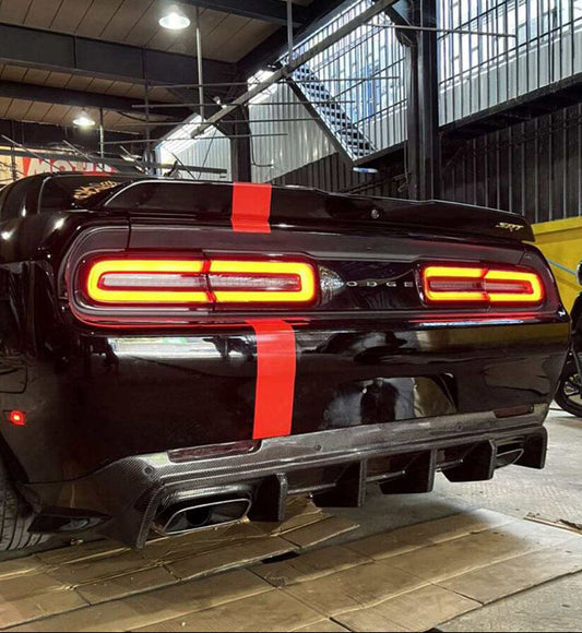 Dodge Challenger Hellcat Redeye T/A Scat Pack 392 SRT R/T SXT SE 2008-2023 (suitable for narrowbody, widebody requires slight modification to corners) with Aero Republic's Aftermarket Parts - Rear Diffuser Big Fin Carbon Fiber. A complete transformation of style and performance.