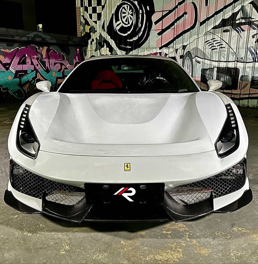 Ferrari 488 GTB & Spider with Aftermarket Parts - 1:1 Pista Style Front Bumper Pre-preg Carbon Fiber / FRP from Aero Republic