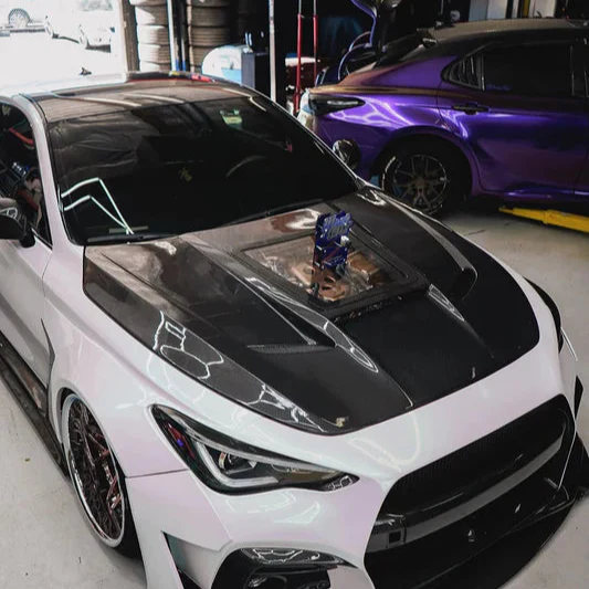 Infiniti Q60 Red Sport 400 Premium Luxe Sport Pure 2017 2018 2019 2020 2021 2022 with Aftermarket Parts - Type B Hood Carbon Fiber from Aero Republic