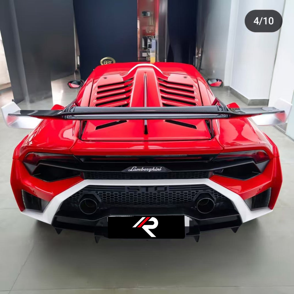 Lamborghini Huracan STO 2021 2022 2023 2024 with Aftermarket Parts - 1:1 STO OEM Style Rear Engine Bay Vent Trim & Rear Engine Bay Canard & Rear Engine Cover Pre-preg Carbon Fiber / FRP from Aero Republic