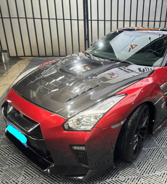 Nissan GTR R35 CBA DBA 2008 2009 2010 2011 2012 2013 2014 2015 2016 (for installation on 2017 2018 2019 2020 2021 2022 2023 2024 vehicles, 2008 2009 2010 2011 2012 2013 2014 2015 2016 front bumper is recommended) with Aftermarket Parts - IMP Style Hood Dry Pre-preg Carbon Fiber from Aero Republic