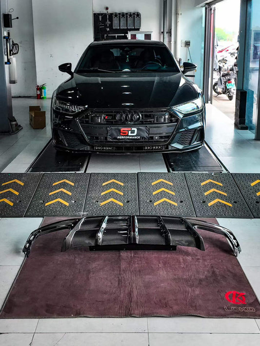 Audi S7 A7 (with S-bumper) C8 2019-ON with Aftermarket Parts - AE ART Rear Diffuser & Canards Dry Pre-preg Carbon Fiber from ArmorExtend