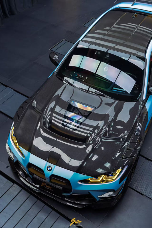 BMW M3CS M3C M3 G80 G81 2021-ON & M4CSL M4CS M4C M4 G82 G83 2021-ON with Aftermarket Parts - ART Vented Transparent Glass V2 Style Hood Bonnet Dry Pre-preg Carbon Fiber from ArmorExtend