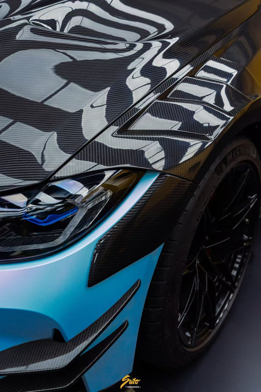 BMW M3CS M3C M3 G80 G81 2021-ON & M4CSL M4CS M4C M4 G82 G83 2021-ON with Aftermarket Parts - ART Vented Transparent Glass V2 Style Hood Bonnet Dry Pre-preg Carbon Fiber from ArmorExtend