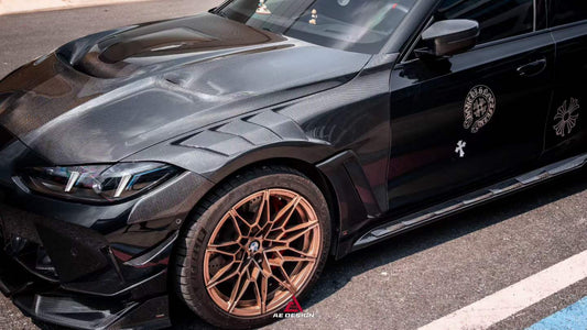 BMW M3 G80 G81 2021 2022 2023 2024 & M4 G82 G83 2021 2022 2023 2024 with Aftermarket Parts - AE V1 Style Front Lip Carbon Fiber from ArmorExtend
