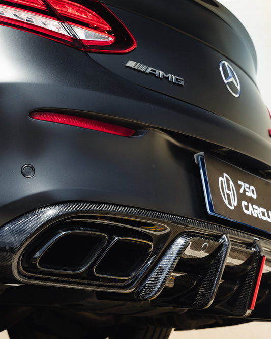 Mercedes Benz C-Class C63S C63 AMG W205 Coupe Convertible 2015 2016 2017 2018 2019 2020 2021 2022 2023 (suitable for both pre-facelift and facelift. Pre-facelift requires exhaust tips from facelifted version) & C-Class C63S C63 AMG W205 Coupe Convertible 2015 2016 2017 2018 2019 2020 2021 2022 2023 (suitable for both pre-facelift and facelift) with Aftermarket Parts - AE Rear Diffuser & Canards Carbon Fiber from ArmorExtend 
