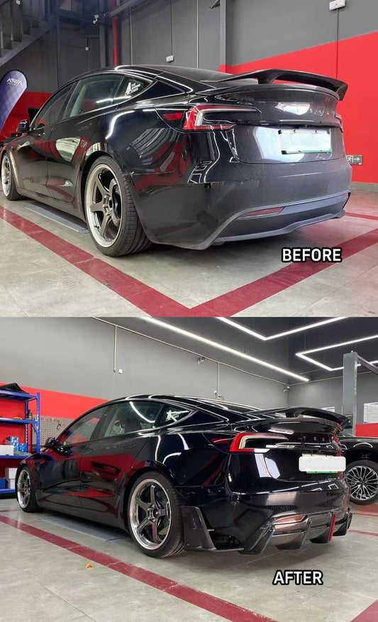 Tesla Model 3 Highland / Performance 2024-ON with Aftermarket Parts - AE Style Rear Diffuser & Canards Carbon Fiber from ArmorExtend