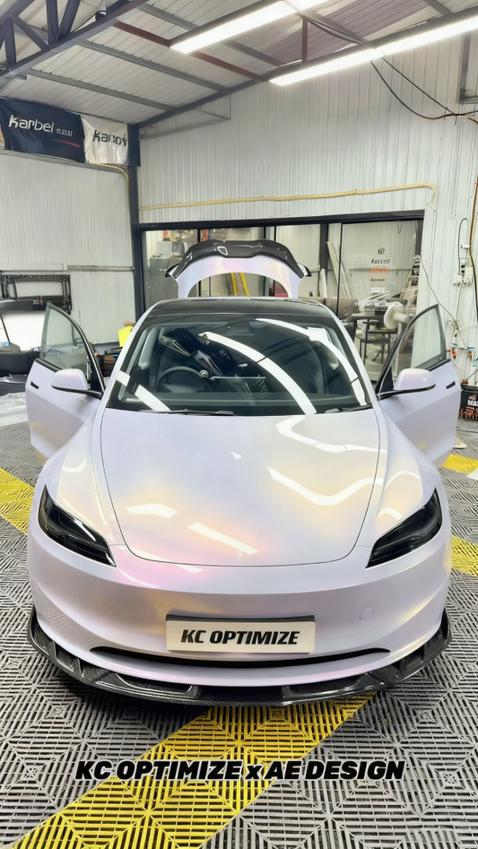 Tesla Model 3 Highland 2024-ON with Aftermarket Parts - V2 Front Lip Dry Pre-preg Carbon Fiber from ArmorExtend