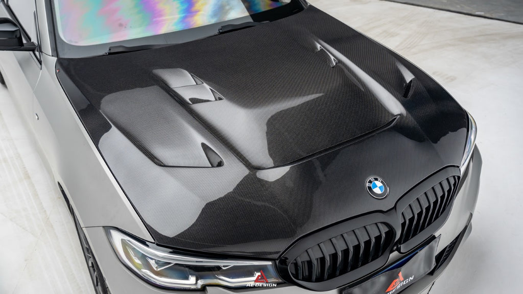 BMW 3 Series M340i 330i G20 G21 (Fits Both Pre-LCI & LCI) 2019-ON with Aftermarket Parts - Vented Hood Bonnet Carbon Fiber from ArmorExtend