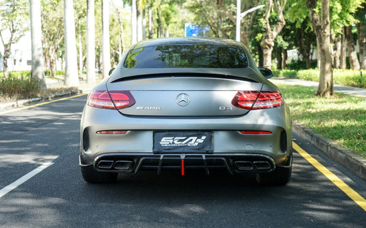 Mercedes Benz C-Class C63S C63 AMG W205 Coupe Convertible 2015 2016 2017 2018 2019 2020 2021 2022 2023 (suitable for both pre-facelift and facelift. Pre-facelift requires exhaust tips from facelifted version) & C-Class C63S C63 AMG W205 Coupe Convertible 2015 2016 2017 2018 2019 2020 2021 2022 2023 (suitable for both pre-facelift and facelift) with Aftermarket Parts - AE Rear Diffuser & Canards Carbon Fiber from ArmorExtend 
