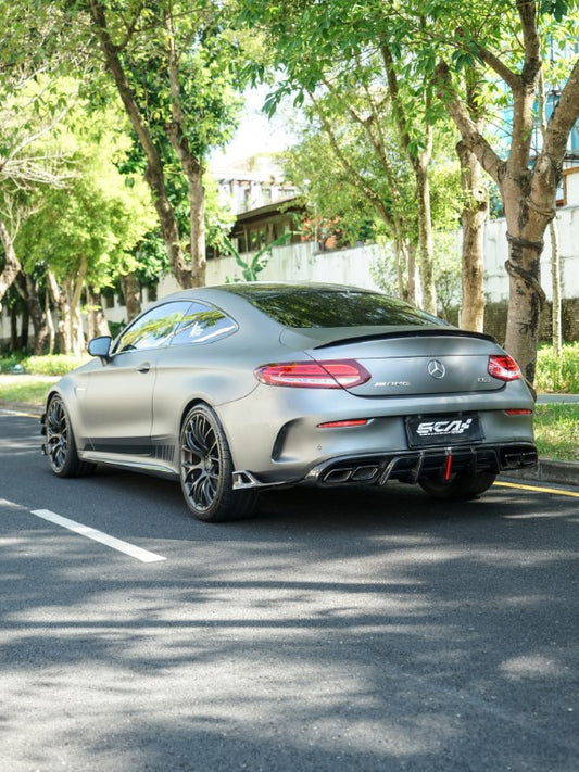 Mercedes Benz C-Class C63S C63 AMG W205 Coupe Convertible 2015 2016 2017 2018 2019 2020 2021 2022 2023 (suitable for both pre-facelift and facelift. Pre-facelift requires exhaust tips from facelifted version) & C-Class C63S C63 AMG W205 Coupe Convertible 2015 2016 2017 2018 2019 2020 2021 2022 2023 (suitable for both pre-facelift and facelift) with Aftermarket Parts - AE Rear Diffuser & Canards Carbon Fiber from ArmorExtend 
