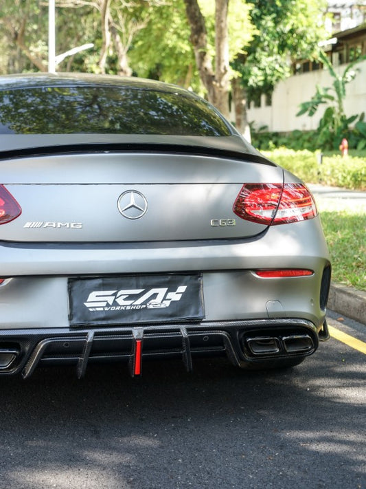 Mercedes Benz C-Class C63S C63 AMG W205 Coupe Convertible 2015 2016 2017 2018 2019 2020 2021 2022 2023 (suitable for both pre-facelift and facelift. Pre-facelift requires exhaust tips from facelifted version) & C-Class C63S C63 AMG W205 Coupe Convertible 2015 2016 2017 2018 2019 2020 2021 2022 2023 (suitable for both pre-facelift and facelift) with Aftermarket Parts - AE Rear Diffuser & Canards Carbon Fiber from ArmorExtend 
