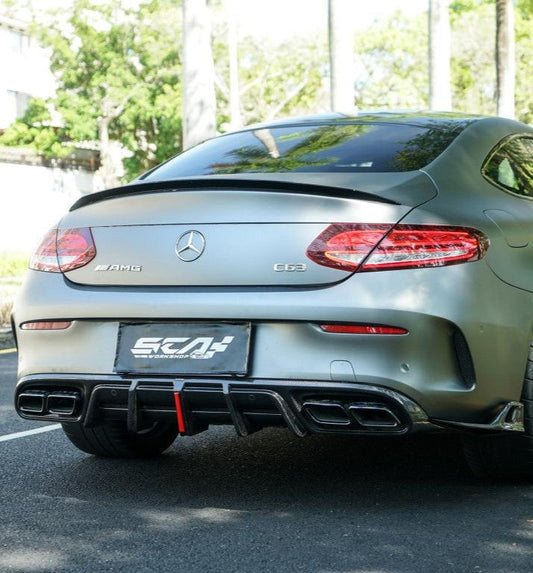 Mercedes Benz C-Class C63S C63 AMG W205 Coupe Convertible 2015 2016 2017 2018 2019 2020 2021 2022 2023 (suitable for both pre-facelift and facelift. Pre-facelift requires exhaust tips from facelifted version) & C-Class C63S C63 AMG W205 Coupe Convertible 2015 2016 2017 2018 2019 2020 2021 2022 2023 (suitable for both pre-facelift and facelift) with Aftermarket Parts - AE Rear Diffuser & Canards Carbon Fiber from ArmorExtend 
