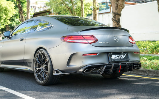 Mercedes Benz C-Class C63S C63 AMG W205 Coupe Convertible 2015 2016 2017 2018 2019 2020 2021 2022 2023 (suitable for both pre-facelift and facelift. Pre-facelift requires exhaust tips from facelifted version) & C-Class C63S C63 AMG W205 Coupe Convertible 2015 2016 2017 2018 2019 2020 2021 2022 2023 (suitable for both pre-facelift and facelift) with Aftermarket Parts - AE Rear Diffuser & Canards Carbon Fiber from ArmorExtend 
