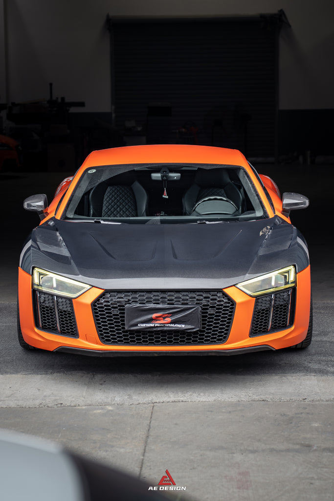 Audi R8 Gen 2 2017-2023 with Aftermarket Parts - AE Style Double-sided Carbon Fiber Hood Bonnet from ArmorExtend