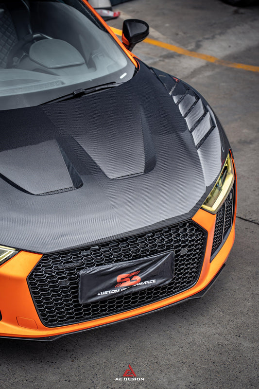 Audi R8 Gen 2 2017 2018 2019 2020 2021 2022 2023 with Aftermarket Parts - AE Style Hood Bonnet Double-sided Carbon Fiber / Partial Carbon Fiber from ArmorExtend