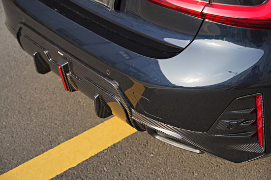 BMW 3 Series 330i (with M-package bumper, does not fit base model) M340i G20 G21 LCI 2023 2024 with Aftermarket Parts - Rear Diffuser Pre-preg Carbon Fiber from BCTXE Tuning