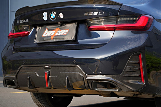 BMW 3 Series 330i (with M-package bumper, does not fit base model) M340i G20 G21 LCI 2023 2024 with Aftermarket Parts - Rear Diffuser Pre-preg Carbon Fiber from BCTXE Tuning